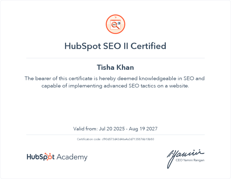 tisha khan SEO Certificate from Hubsopt