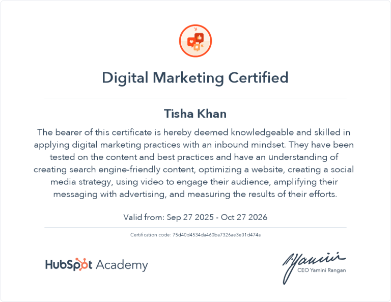 Digital Marketing Certified of Tisha Khan From Hubspot Academy